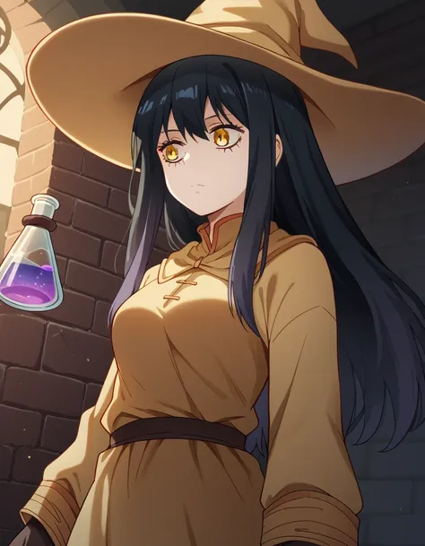 score_9, score_8_up, score_7_up, source_anime, <lora:miko-yotsuya-s1-ponyxl-lora-nochekaiser:1>, miko yotsuya, long hair, bangs, black hair, hair between eyes, yellow eyes, medium breasts,, <lora:wizard-ponyxl-lora-nochekaiser:1>, wizard, wizard hat, robe,...