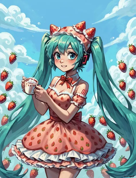 score_9_up, score_8_up, score_7_up, score_6_up, <lora:Bold_Cartoon_Noire25:0.6>, bldcrtnnoirstyle, cloudscape background, blue sky, detailed background, female, human, solo, hatsune miku, (puffy strawberry dress with icing details, whimsical strawberry sha...