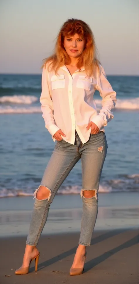 Vivienne Fovéa is a redhead woman. She a is posing on the beach by sunset. she is wearing a white buttondown shirt and ripped jeans and highheels<lora:Vivienne_Fovéa:0.9>