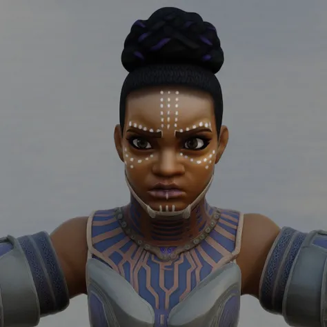 black hair, belt, dark skin female, boots, braided ponytail, dress, Shuri, wakanda armor, bare shoulders, face paint