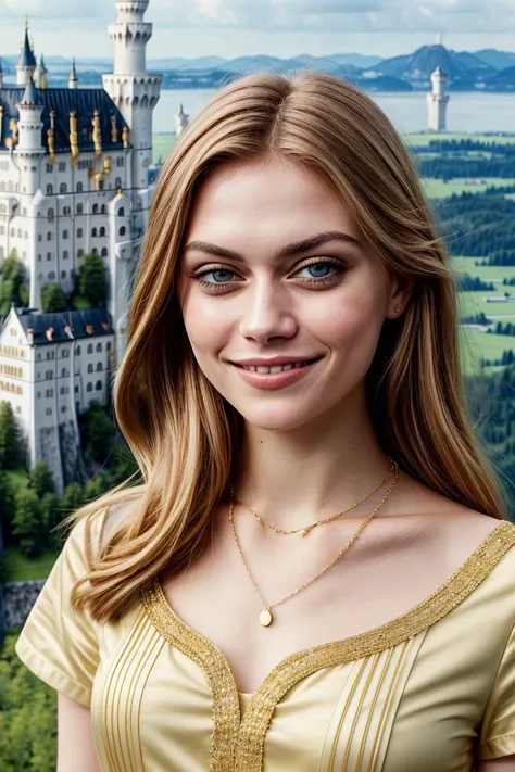 European woman, closeup, (shirt), pants, (Neuschwanstein Castle), gold necklace , smiling , ZM_erica, wide shoulders, perfect face, (contact iris: 1.1), pale skin, skin pores , depth of field