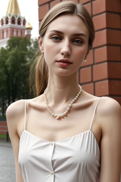 European woman, closeup, (shirt), pants, (Kremlin Red Square), pearl necklace , (), ZM_maeve, wide shoulders, perfect face, (contact iris: 1.1), pale skin, skin pores , depth of field