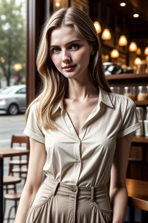 European woman, closeup, (shirt), pants, (coffee shop), (), (), ZM_lieke, wide shoulders, perfect face, (contact iris: 1.1), pale skin, skin pores , depth of field