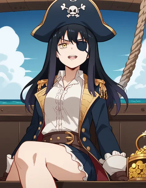 score_9, score_8_up, score_7_up, source_anime, <lora:miko-yotsuya-s1-ponyxl-lora-nochekaiser:1>, miko yotsuya, long hair, bangs, black hair, hair between eyes, yellow eyes, medium breasts,, <lora:pirate-costume-ponyxl-lora-nochekaiser:1>, pirate costume, p...