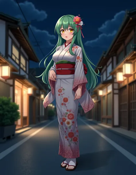 <lora:Sorako_Mozu_-_Flux_Dev-00008:1> sorakomozu, a full body photo of a short woman with long green hair, yellow eyes, and huge breasts is wearing a kimono with a floral decoration. She is standing outside at night, on a street in a traditional Japanese t...