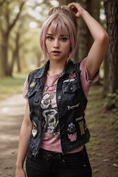 <lora:dsbtlvst-14:0.6> dsbtlvst, black denim vest,  patches, pink t-shirt, woman, platinum blonde hair, messy bun, updo, face frame bangs, light brown eyes, small breasts, outside, trees, cowboy shot, arms up