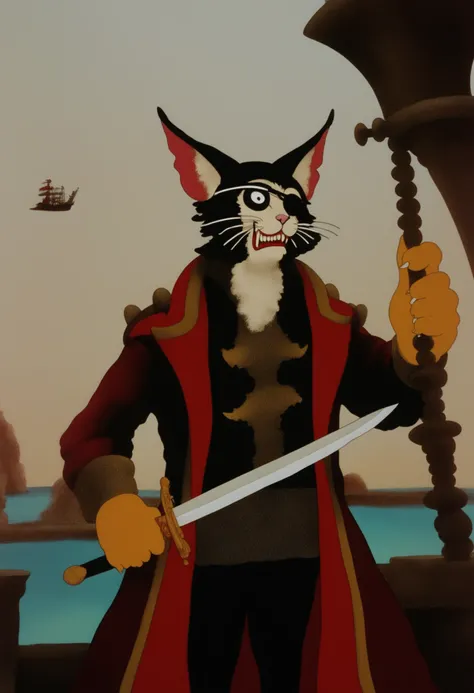 yellowsubstyle, safe_pos, score_9, score_8_up, score_7_up, 1boy, pirate captain, cat, solo, anthro, evil, fangs, eyepatch, holding, sword, pirate ship