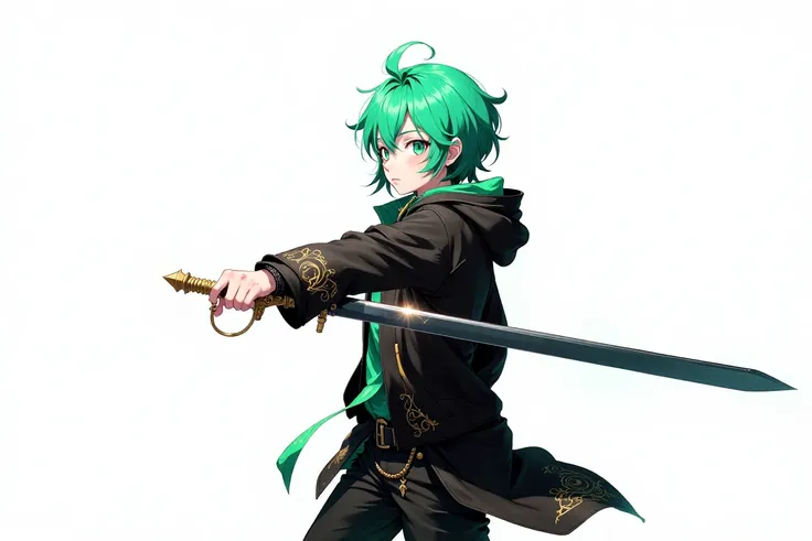 a vibrant green-haired cartoon character, dressed in a black hooded jacket, holds a sword in his right hand. His eyes are a piercing green, adding a pop of color to the otherwise monochromatic scene. The sword is held in his left hand, with a gold handle. ...