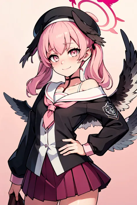 ((masterpiece,best quality)), absurdres,  BREAK, , <lora:Koharu_BlueArchive_Citron:0.8>, zzKoharu, pink hair, wings, head wings, black wings, twintails, feathered wings, halo, long hair, pink eyes, low wings, hat, black headwear, beret, pink halo black shi...