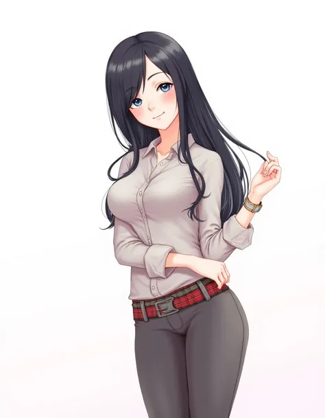 <lora:eileen_sue_dev_f1:1>eileen, woman,  1girl, solo, long hair, blue eyes, shirt, black hair, belt, pants, plaid, watch, realistic