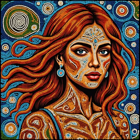 A captivating portrait of a woman with flowing red hair, created in the style of Aboriginal Dot Painting. Her hair is depicted using intricate dots of vibrant red and orange, forming organic patterns that radiate outward. Her face is soft and serene, outli...