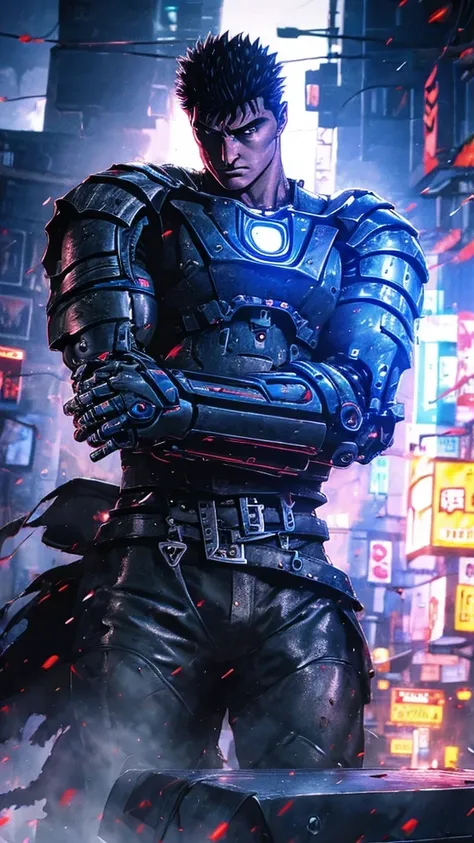 guts,1boy,robot,cyberpunk,metallic arms,
