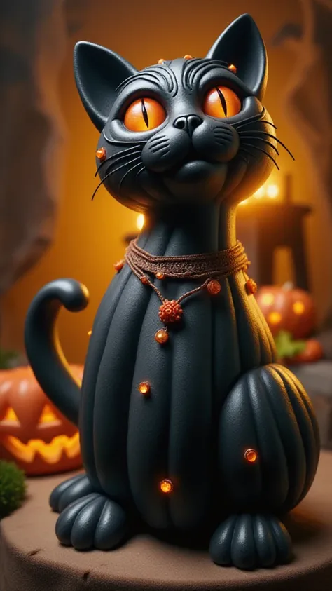 a black pumpkin cat statue <lora:flux-halloween-lora:1>