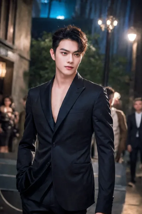 1boy, male focus, Ultra realistic upper body photo of a stylish handsome supermodel voluminous short black hair, big muscle, suit, photography, dutch angle, outdoor, serious face expression, cinematic lighting, bokeh,
<lora:add_detail:1>, <lora:AsianMan004...