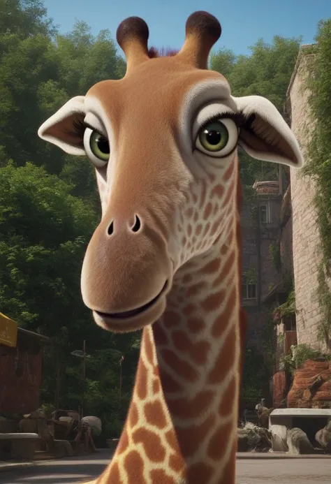 bridget (the wild), 1girl, female giraffe, feral, two-toned fur, cream fur, orange spots, green eyes, eyelashes, long neck, score_9_up, score_8_up, score_7_up, looking at viewer, smug, ultra detailed, detailed background, zoo park background, masterpiece, ...