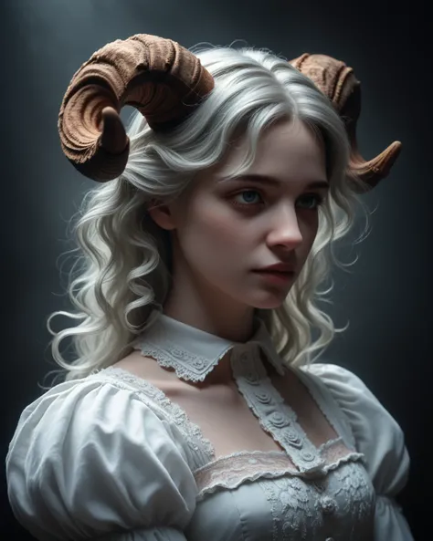 hyper-detailed, 4k, Soft-focus portrait, oil painting technique, soft and diffused lighting, ethereal and whimsical atmosphere, with pastel tones.nlooking over the shoulder, A delicate woman with long, flowing white hair and large, curling ram horns stands...