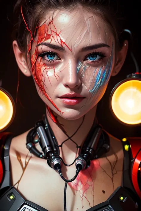 a cyborg robot, lights, scars, refractions, posing, ultradetailed, HD, 8K, highlights, good lighting, the most amazing effect, sci-fi,((art by carne griffiths and sean yoro))