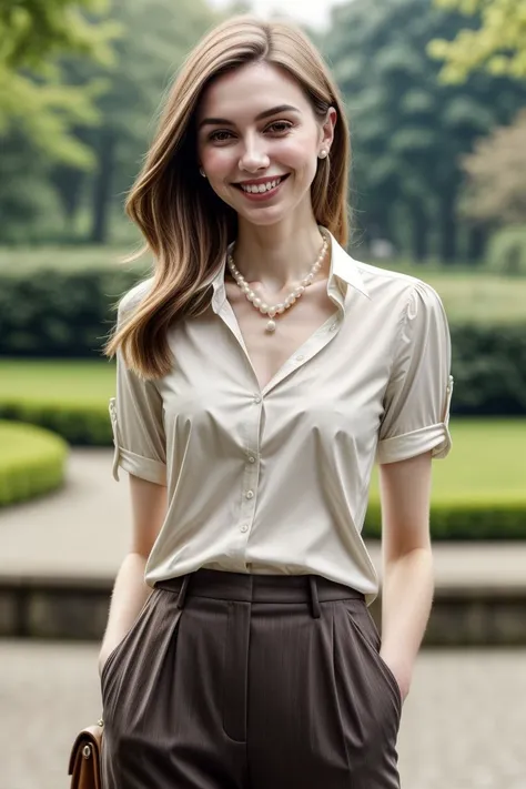 European woman, closeup, (shirt), pants, (city park), pearl necklace , smiling , ZM_maeve, wide shoulders, perfect face, (contact iris: 1.1), pale skin, skin pores , depth of field