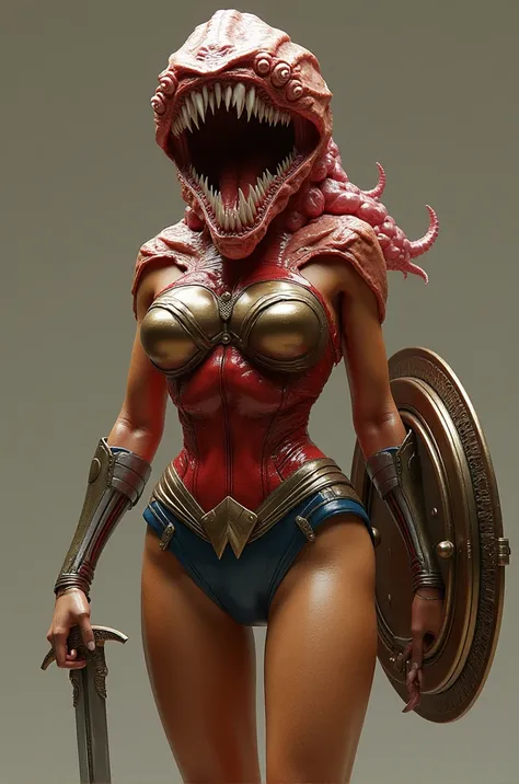 fleshy-monstrous-female,the wonder woman of dc, holding sword and shield,with full armored suit,big mouth and sharp teeth