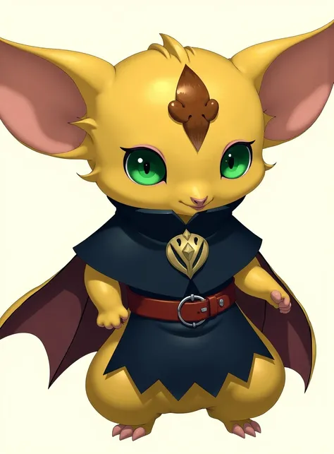 This is an anime inspired digital painting of a cute fantastical, humanoid bat-like character. They have a yellow fur, big green eyes. They are wearing a medieval tabard.The creature has large, elongated ears and a small, expressive face with large, round ...