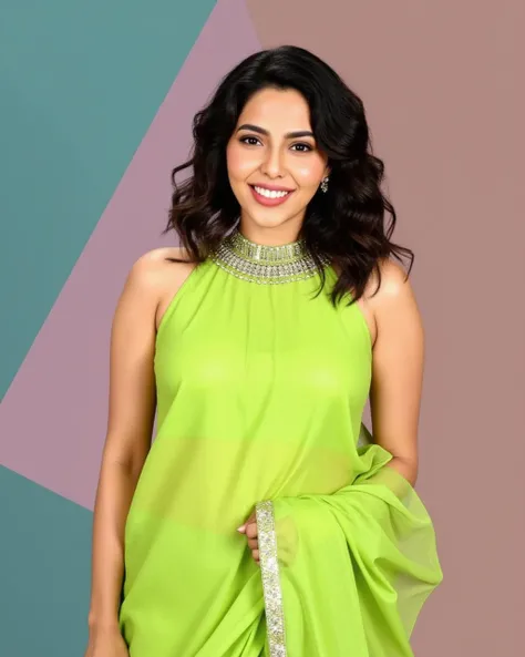 full body photo aishwarya lekshmi woman,paparazzi photo, grinning face,studio quality, wearing intricate high neck elegant Lime Green sleeveless Saree, curls, darker pastel shaded multicolored background<lora:TestBedAish_Lekshmi_Flux_Kohya_V1-step00000300....