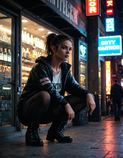 score_9, score_8_up, score_7_up, award-winning masterpiece, gritty raw street photography, plain clean earthy female hacker, leggings, black boots, matrix punk clothing, squatting, with neon lighting from shops, high-quality, super-detailed, dramatic light...