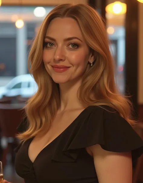 <lora:Amanda_Seyfried_Flux:1> beautiful detailed photograph, blonde hair cascading over her shoulders, wearing a dress, standing in cafe looking at the viewer, smiling