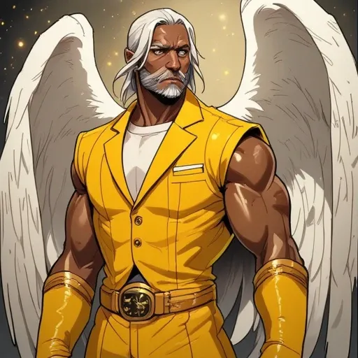 Picture in Sinozicklabstylemix that focuses on muscular, dark-skinned male, 4 winged angel wearing a yellow suit with stripes, angel has a long white hair and beard