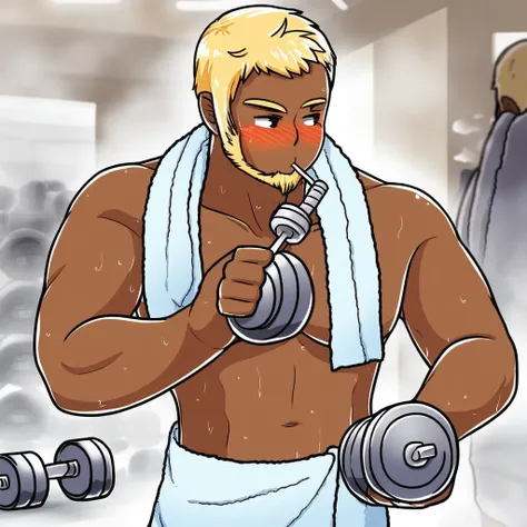 nude, drinking, 1boy, dark-skinned male, towel, blonde hair, solo, facial hair, dumbbell, blush