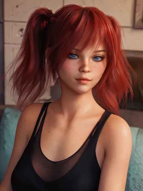 score_9, score_8_up, score_7_up, tamaradh mini, 1girl, looking at viewer, solo, dutch angle, couch, face shot, portrait,  high quality, red hair, medium breasts, blue eyes, twintails, bangs, upper body, closed mouth, black shirt, freckles, black crop top