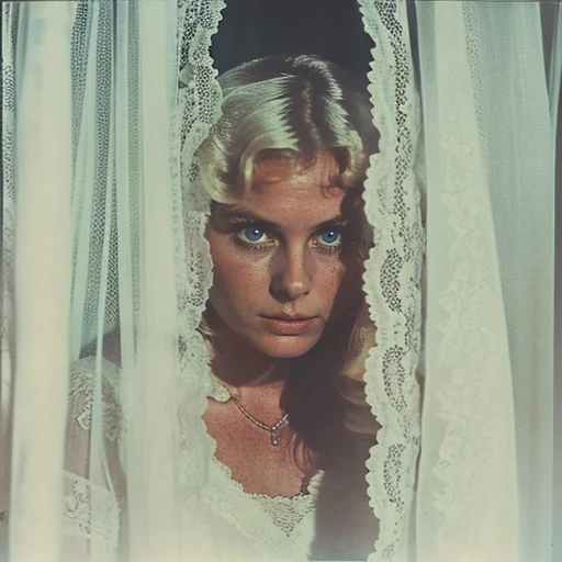 <lora:70s_Horror_MovieSD1:1> ArsMovieStill, movie still from a 1970s horror movie, The image is a portrait of a young woman with blonde hair. She is looking directly at the camera with a serious expression on her face. The woman is wearing a white lace dre...