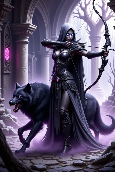 style warcraft undead, style wu, cinematic, dramatic lighting,  full body shot,  an undead elven forsaken  female dark ranger, she has undead white eyes, death magic effect on his body and eyes, shes holding a bow and aimming at a target, she has a wolf co...