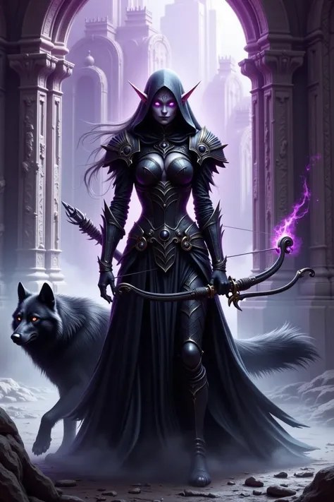 style warcraft undead, style wu, cinematic, dramatic lighting,  full body shot,  an undead elven forsaken  female dark ranger, she has undead white eyes, death magic effect on his body and eyes, shes holding a bow and aimming at a target, she has a wolf co...