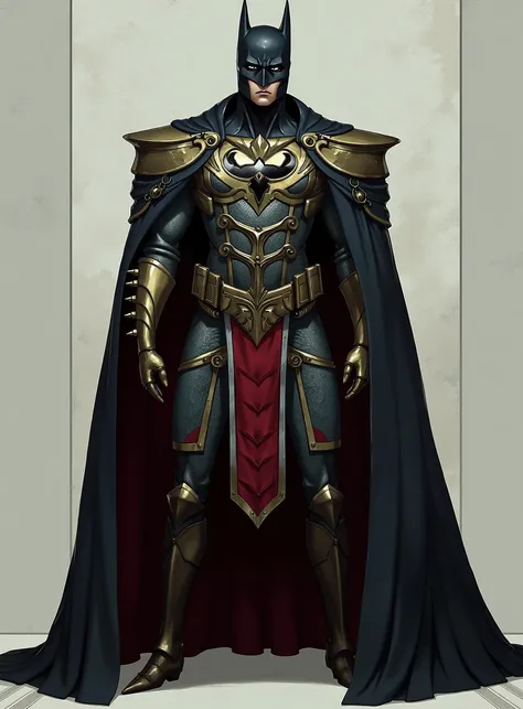 This is an anime inspired digital painting of batman in renaissance inspired costume with ornate accents, and a long cape. 