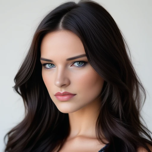 realistic digital portrait of a young woman with striking features. The image is a high-resolution photograph or a highly realistic digital illustration, wavy dark brown hair that cascades down her shoulders. Her striking blue eyes are accentuated by subtl...