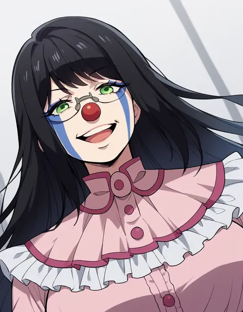 score_9, score_8_up, score_7_up, source_anime, <lora:yuzuki-hanyuu-s1-ponyxl-lora-nochekaiser:1>, yuzuki hanyuu, long hair, black hair, green eyes, glasses, huge breasts,, <lora:clown-ponyxl-lora-nochekaiser:1>, clown, makeup, clown nose, facepaint, gloves...