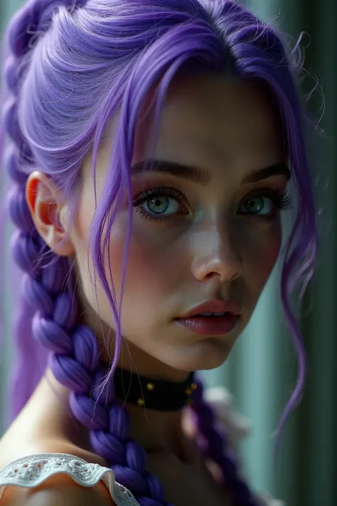 (masterpiece), 8k, very wide shot, volumetrics dtx, portrait, beautiful eyes, (dreadlocks:0.5) in a ponytail, (Violet head:1), vibrant colors, highly detailed, elegant and unique, gently swaying, mysterious and charming, realistic, details, very realistic,...