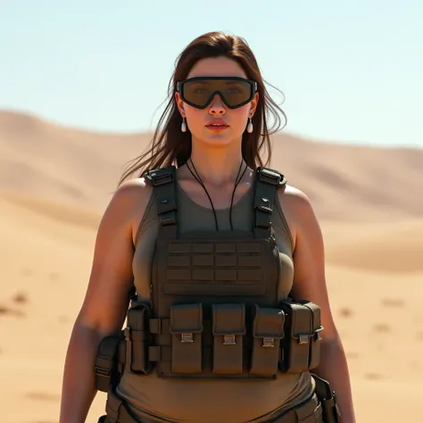 1 woman, <lora:Ethica_Flux:0.5>, fat ethica wearing tactical outfit with plate carrier and eye protection and earbuds standing in a desert