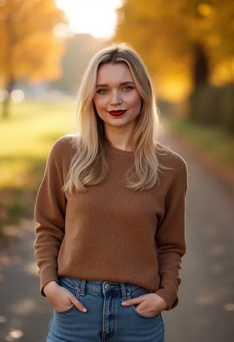 a medium-wide photo of munecat, a blonde woman. She is wearing lipstick and she is smiling. She is wearing modest casual autumn clothes and jeans on a sunny autumn day. Sunlight is shining onto her face and shoulders.