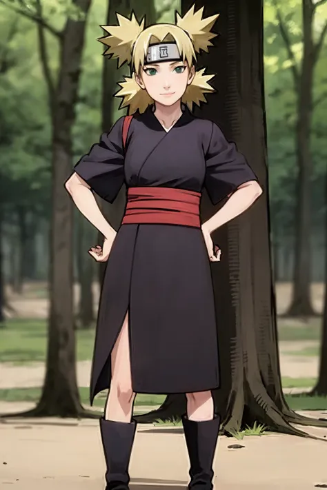 masterpiece, best quality,
1girl, temari, blonde hair,quad tails, dark green eyes,
forehead protector,  black kimono, red sash, short sleeves, toeless boots,
hands on hips, standing, solo, smile, looking at viewer, trees,  jungle background,   <lora:Temari...