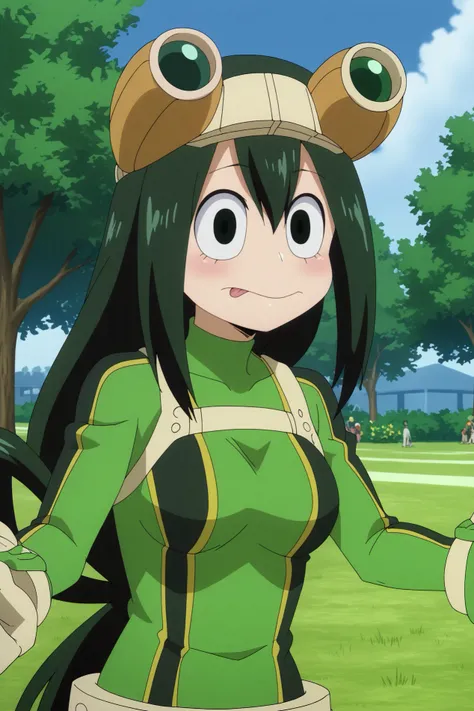  tsuyu asui,1girl,solo,u.a. school uniform,long hair, black hair,hair between eyes,bodysuit,skirt,tongue_out,goggles,goggles on head,gloves,hair rings,low-tied long hair,green bodysuit,upper body BREAK outdoors,blue sky,park,grass,tree,flowers    <lora:Tsu...