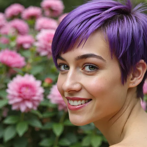 beautiful woman with short purple hair, without make up, smiling, extremely detailed face, skin, hair, and eyes, art by Erich Heckel, photograph, Evil elegant Eowyn, flora in background, soft focus, Fine art, short lighting, dynamic, Canon EF, 35mm, she ta...