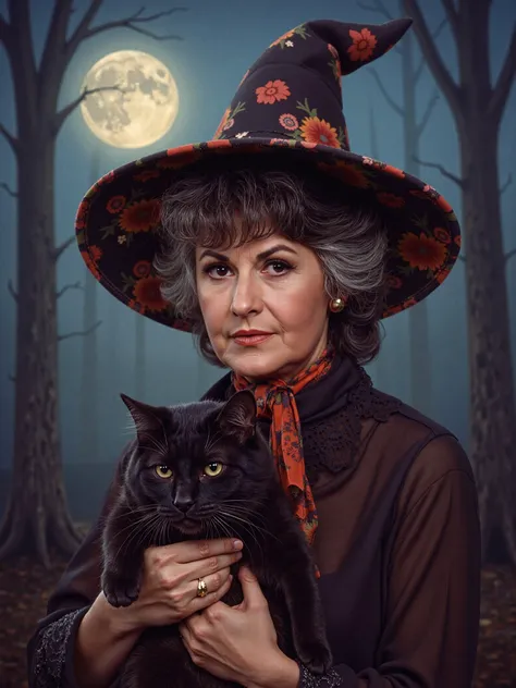 Bea Arthur Maude, a mature woman wearing a witches outfit, night, halloween, spooky, witches hat, forest, fog, full moon in background, holding black cat, 