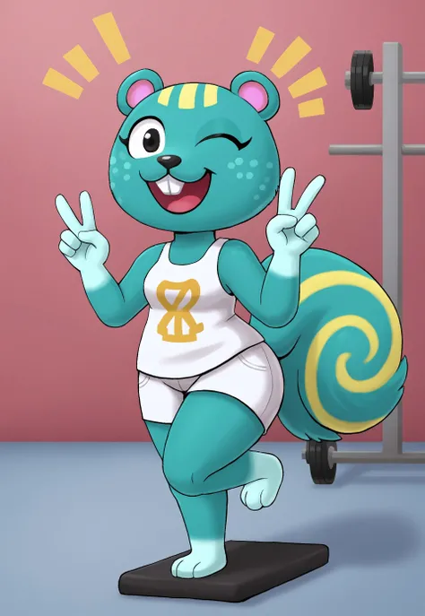 /Nibbles (Animal Crossing/), squirrel, green fur, light green freckles, buckteeth, tail, pink inside ears, 1girl, solo, full body, cute, standing next to weight rack, white tanktop, sleeveless, white shorts, laughing, laughing marks, posing, peace sign, lo...