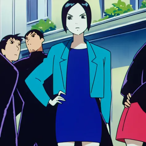 score_9, score_8_up, score_7_up, score_6_up, score_5_up, score_4_up, source_anime BREAK black hair, hand on hip, short hair, dress, jacket, 1girl, black eyes, solo focus