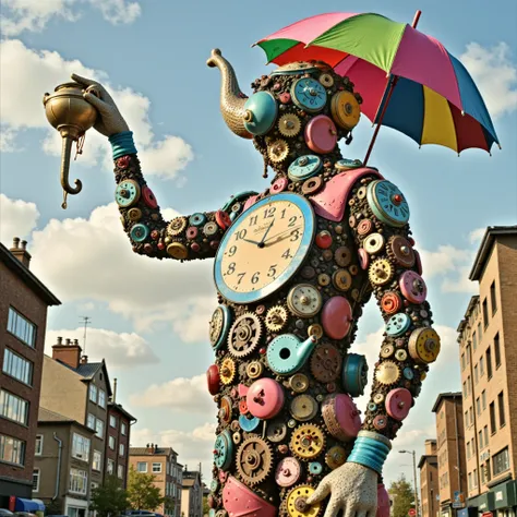 A surreal figure, fragmented and disjointed, stands in the middle of a chaotic urban landscape. Its body is composed of random everyday objects—gears, clocks, teapots—arranged in an illogical, nonsensical manner. The figure’s head is an upside-down umbrell...