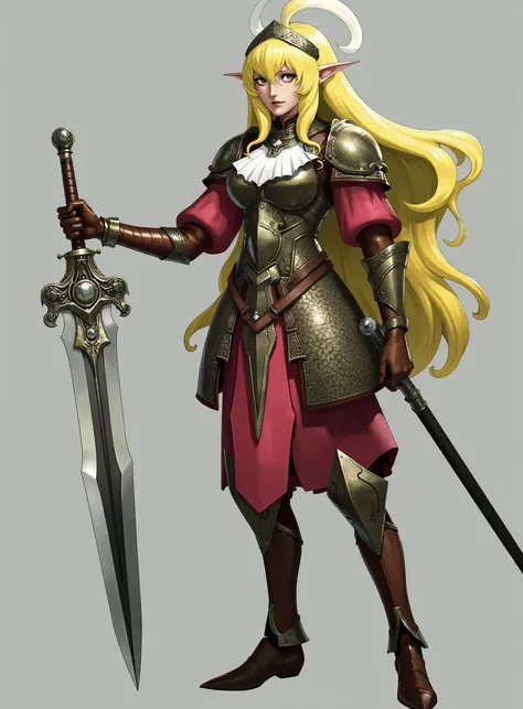 This is an anime inspired digital illustration of a blonde haired elf woman who is brandishing a large sword. She has ornate metal armor, headress and brown boots. Her outfit is rennaisannce inspired and fantastical.