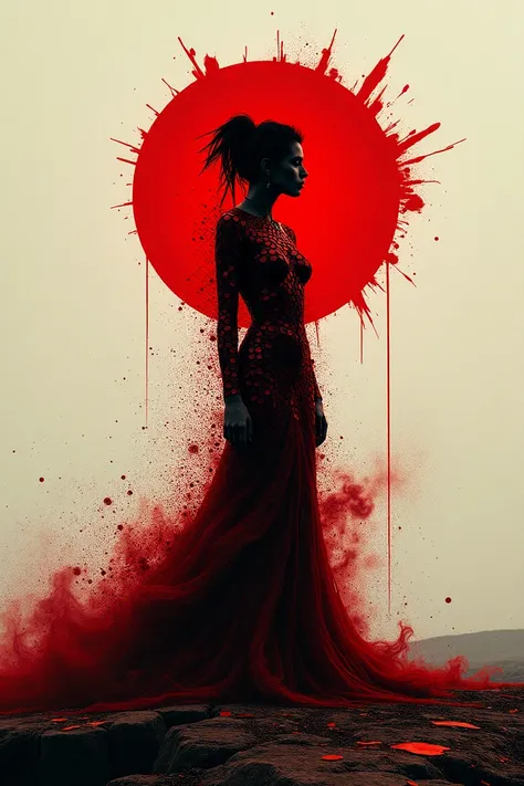 long shot scenic professional photograph of NSFW, Realistic crazy red sorceress, fire elemental, cracked earth, crater, silhouet style, essence of red, at Dawn, Bauhaus Art, (monochromatic art by Junji Ito, Carne Griffiths, High contrast, minimalistic), re...