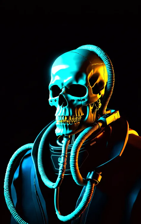 solo, teeth, glowing, black_background, science_fiction, skull, cable, tube