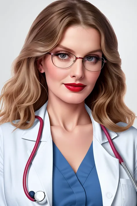 reneruss-332, ((detailed eyes, detailed face, award winning, high resolution, masterpiece, best quality, extremely detailed)),  ((red lipstick, blush)), slight smile, ,  a photo of a woman, doctor coat, white coat, blue scrubs, stethoscope, glasses, short ...